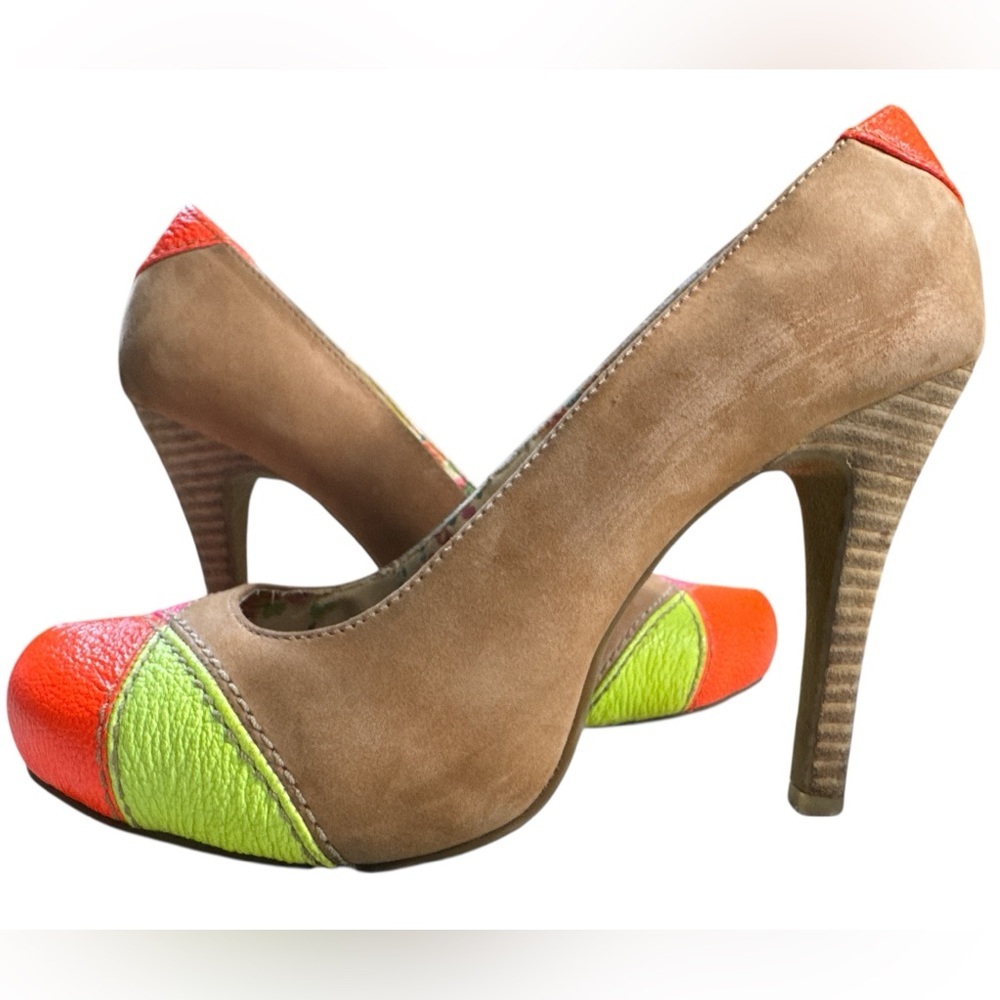 Lovely People Vibrant Multi Color Neon Block Leather Pumps - 4 Inch heels